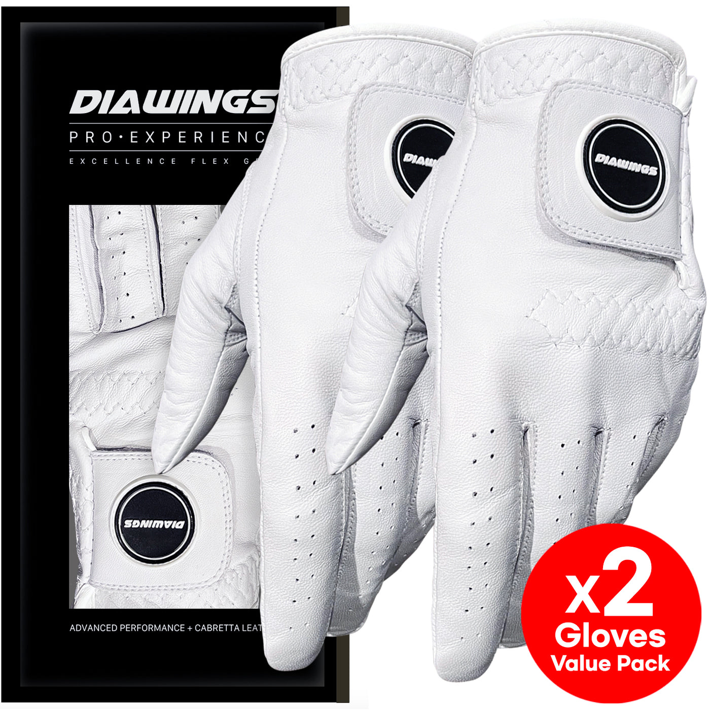 Diawings Pro-Experience Cabretta Leather Golf Gloves 2 in 1 Value Pack